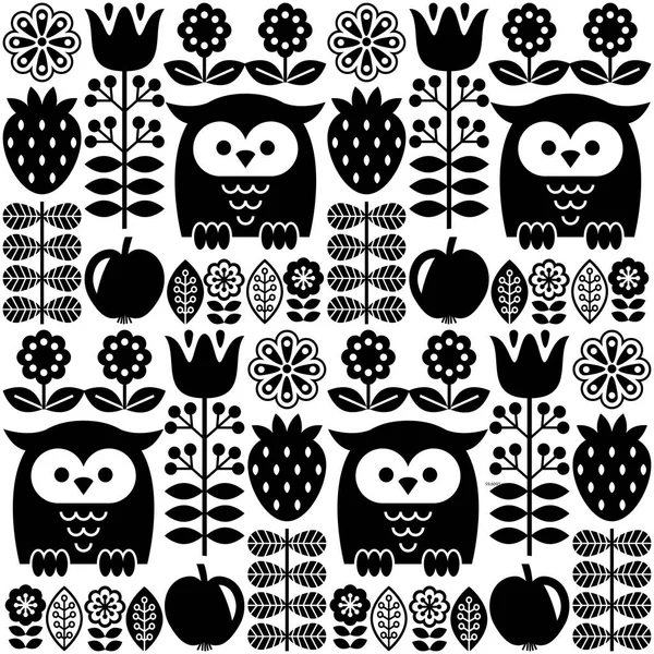 Scandinavian Seamless Cute Pattern Owl Flower Inspired Swedish Finnish Folk — Stock Vector
