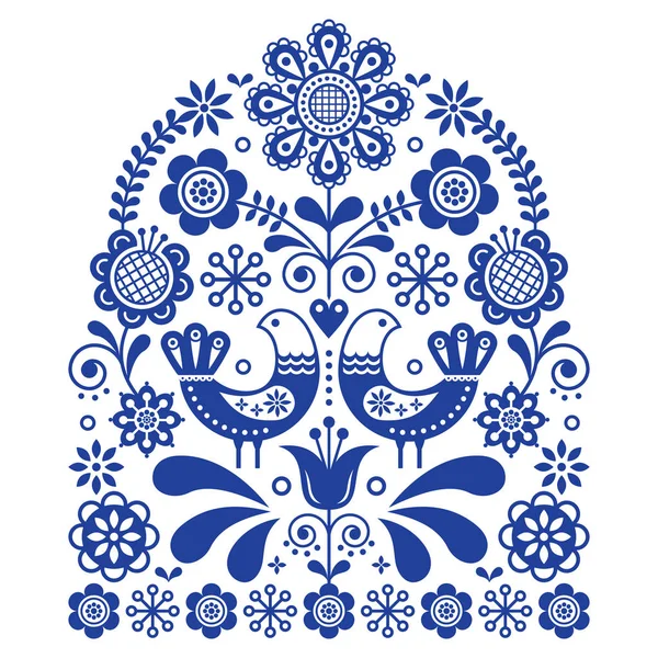 Adorno Vectorial Arte Popular Con Pájaros Flores Patrón Floral Azul — Vector de stock