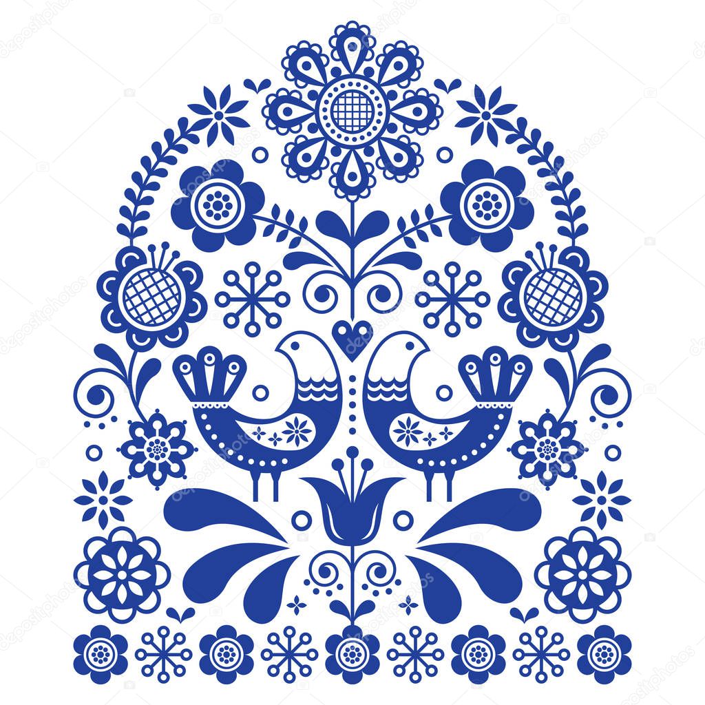Folk art vector ornament with birds and flowers, Scandinavian navy blue floral pattern