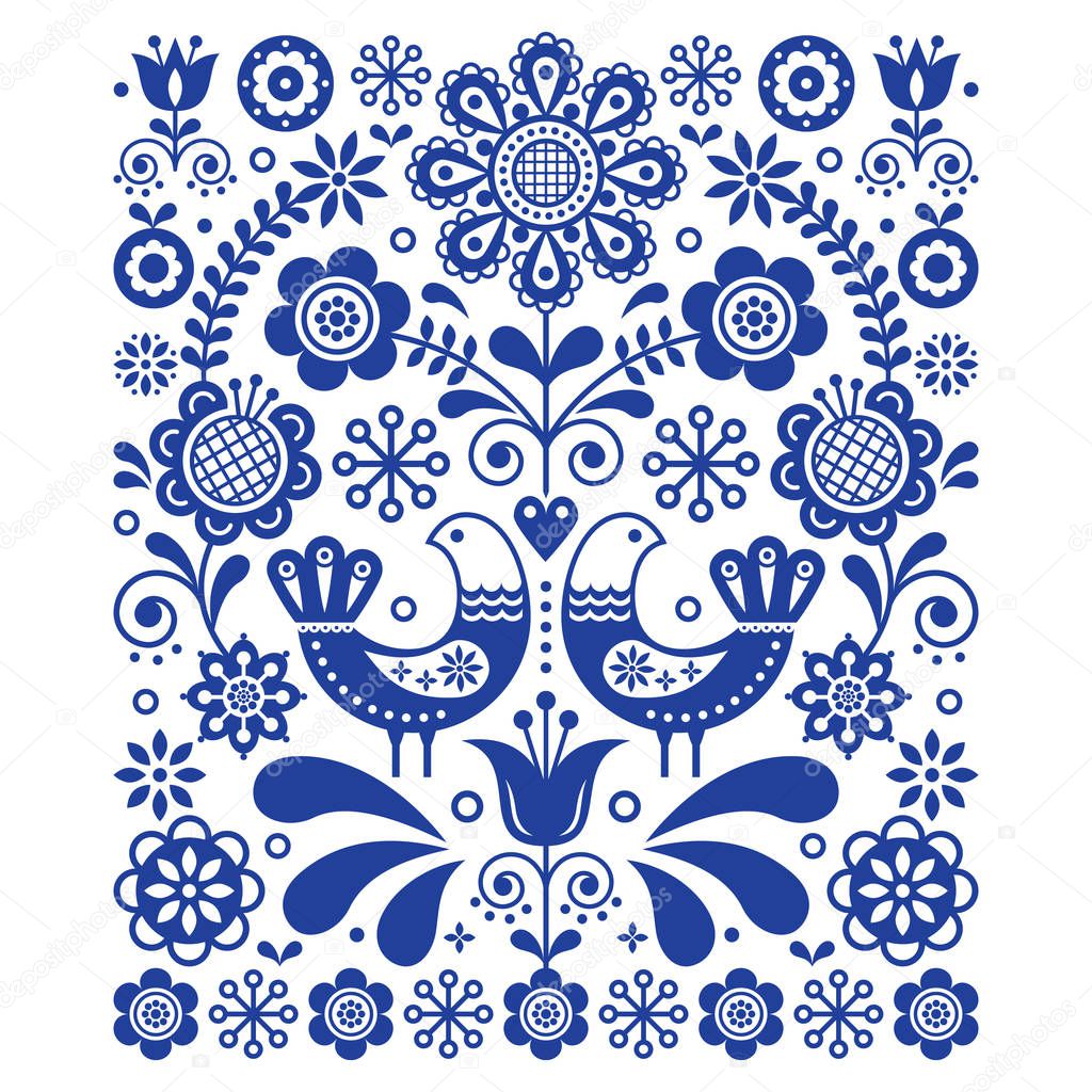 Scandinavian cute folk art vector decoration with birds and flowers, Scandinavian navy blue floral pattern