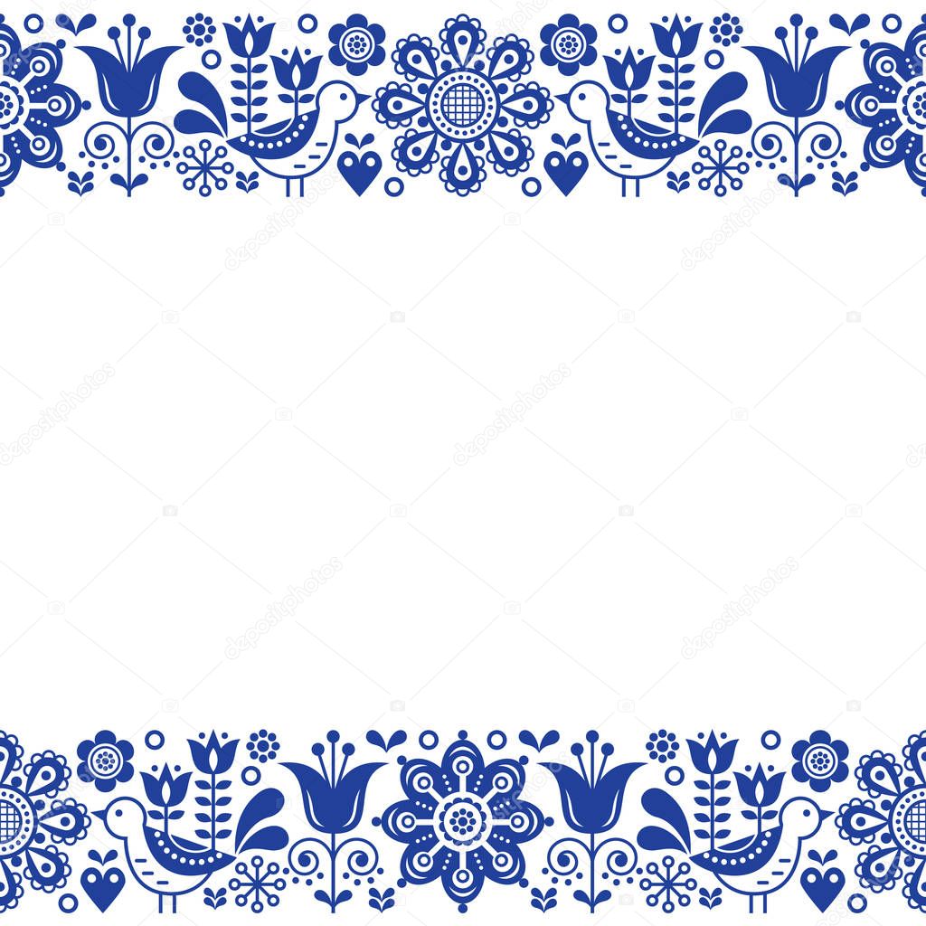 Scandinavian folk art retro vector greeting card design, floral ornament in navy blue