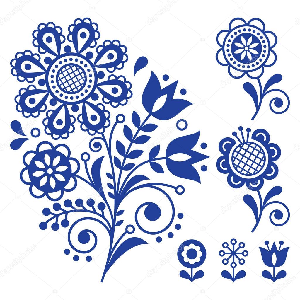 Floral vector design, folk art vector ornament with flowers, Scandinavian navy blue pattern