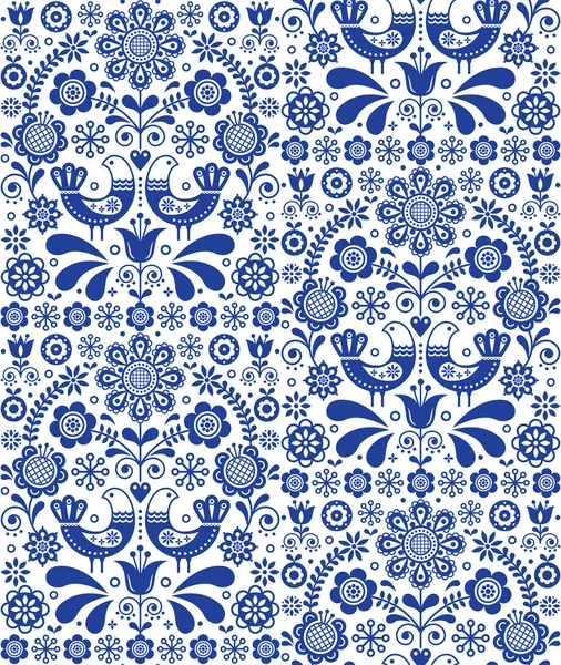 Scandinavian Seamless Folk Art Vector Pattern Floral Repetitive Background Birds — Stock Vector