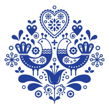 İskandinav Halk sanat desen kuşlar ve çiçekler, Nordic çiçek tasarım, retro arka plan ile lacivert