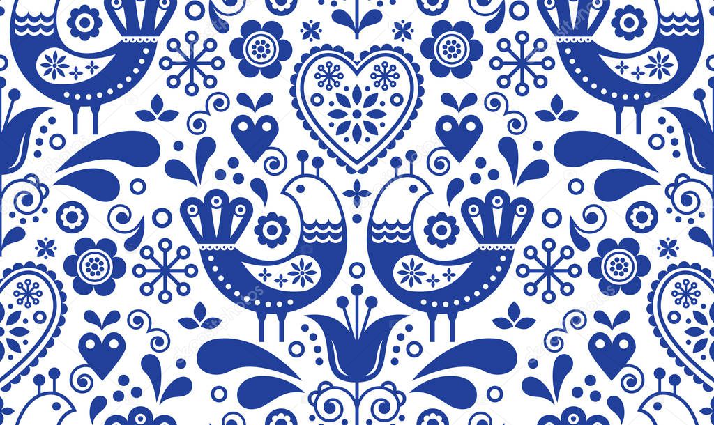 Scandinavian seamless folk art pattern with birds and flowers, Nordic floral design, retro background in navy blue