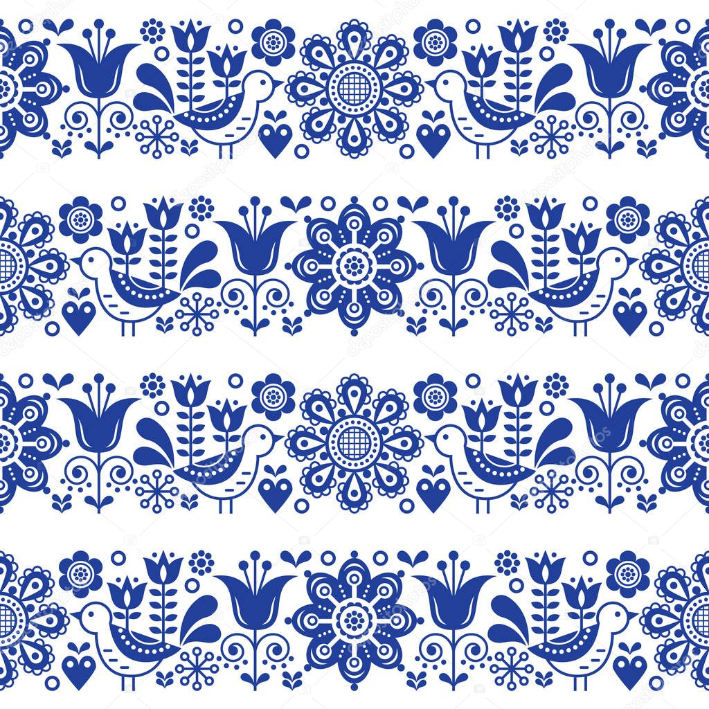 Folk art seamless vector floral pattern, Scandinavian navy blue repetitive design, Nordic ornament