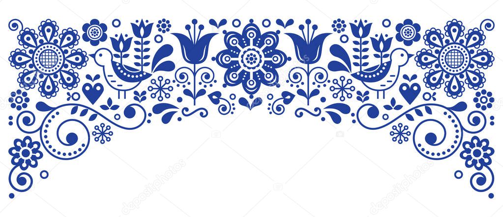 Scandinavian folk art frame border retro vector greeting card design, floral navy blue ornament with birs and flowers