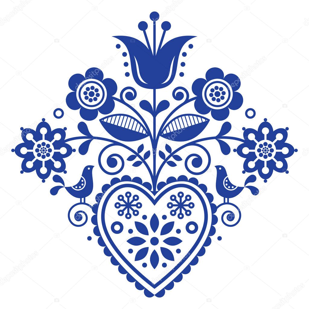 Scandinavian retro folk art floral, vector design in navy blue, Nordic pattern with birds and flowers