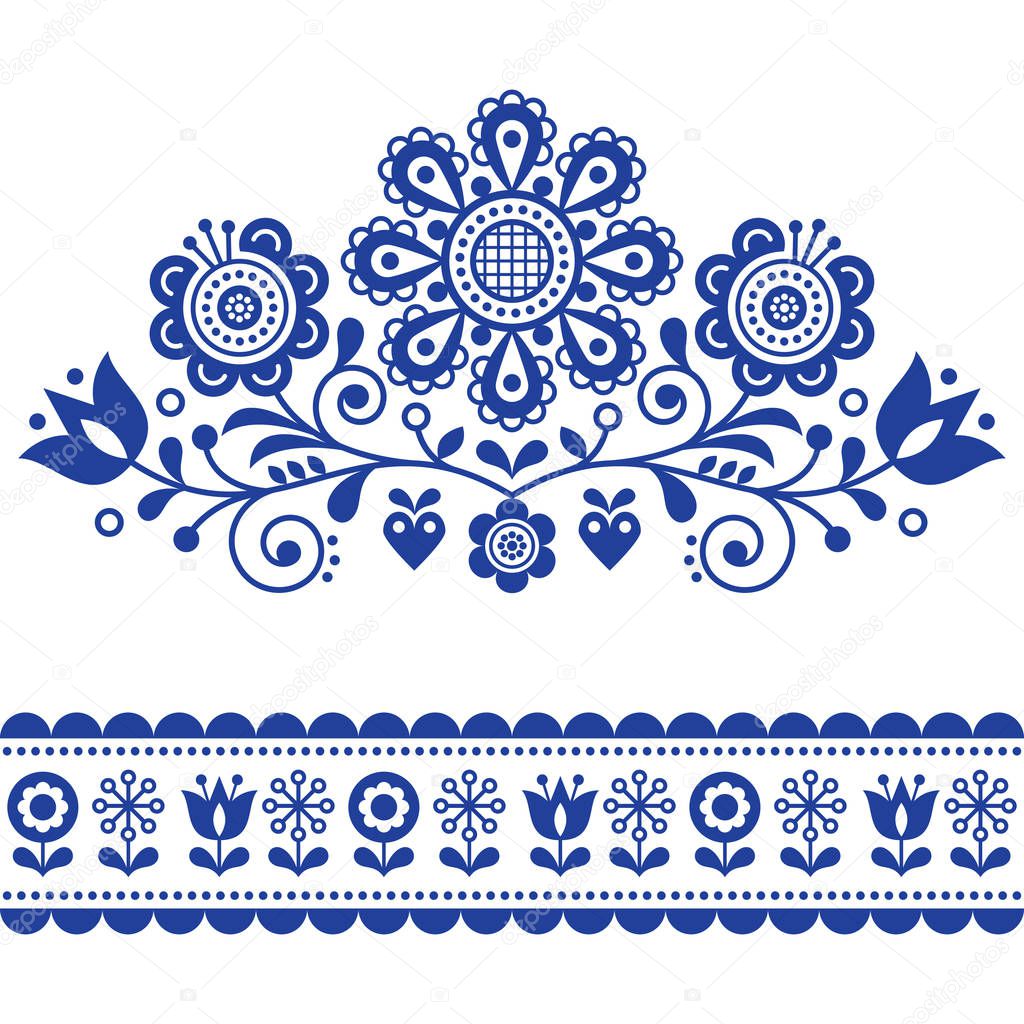 Scandinavian vector folk art pattern with flowers, traditional floral frame or border design.Traditional cute ornament - Scandi style, old-fashioned look, Swedish and Norwegian embroidery style