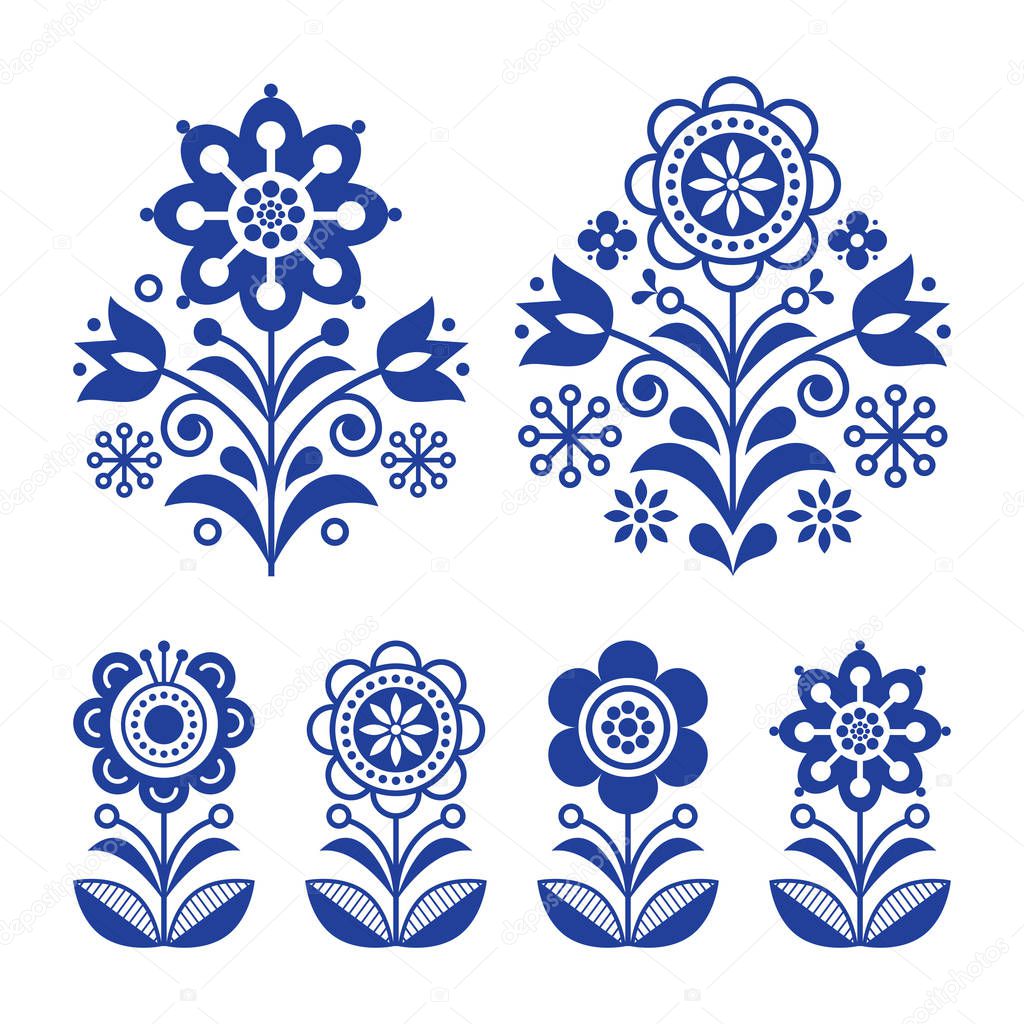 Scandinavian flowers design, folk art decoration with flowers, Nordic retro background in navy blue.Retro floral design elements inspired by Swedish and Norwegian traditional embroidery 