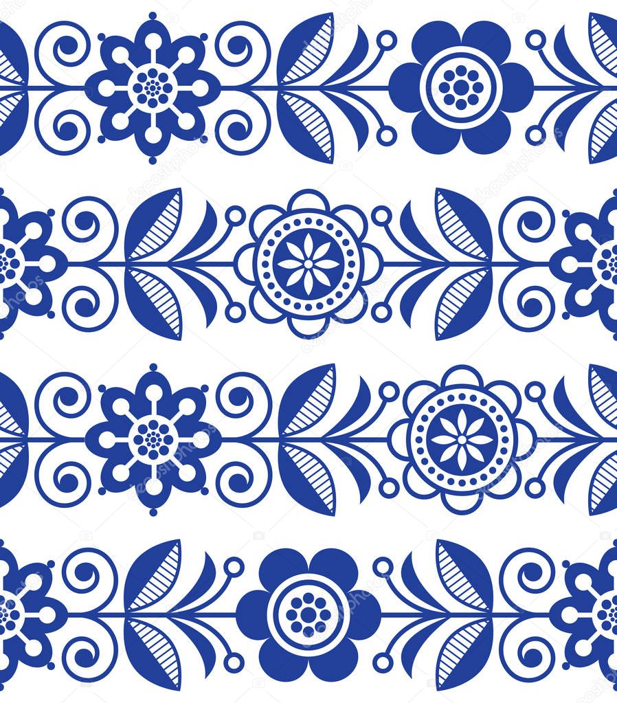 Folk art seamless pattern, vector floral repetitive design - Scandinavian style.Retro navy blue background with flowers inspired by Swedish and Norwegian traditional embroidery 