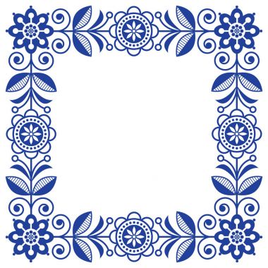 İskandinav Halk sanat vektör çerçeve, sevimli çiçek sınır, kare desen lacivert çiçekli - davetiye, tebrik kartı