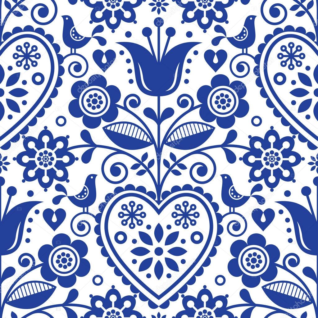 Scandinavian seamless folk art vector pattern, floral navy blue repetitive design, Nordic ornament with birds, hearts and flowers