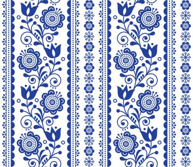İskandinav sorunsuz vektör desen çiçeklerle, Nordic folk art tekrarlayan lacivert süsleme 