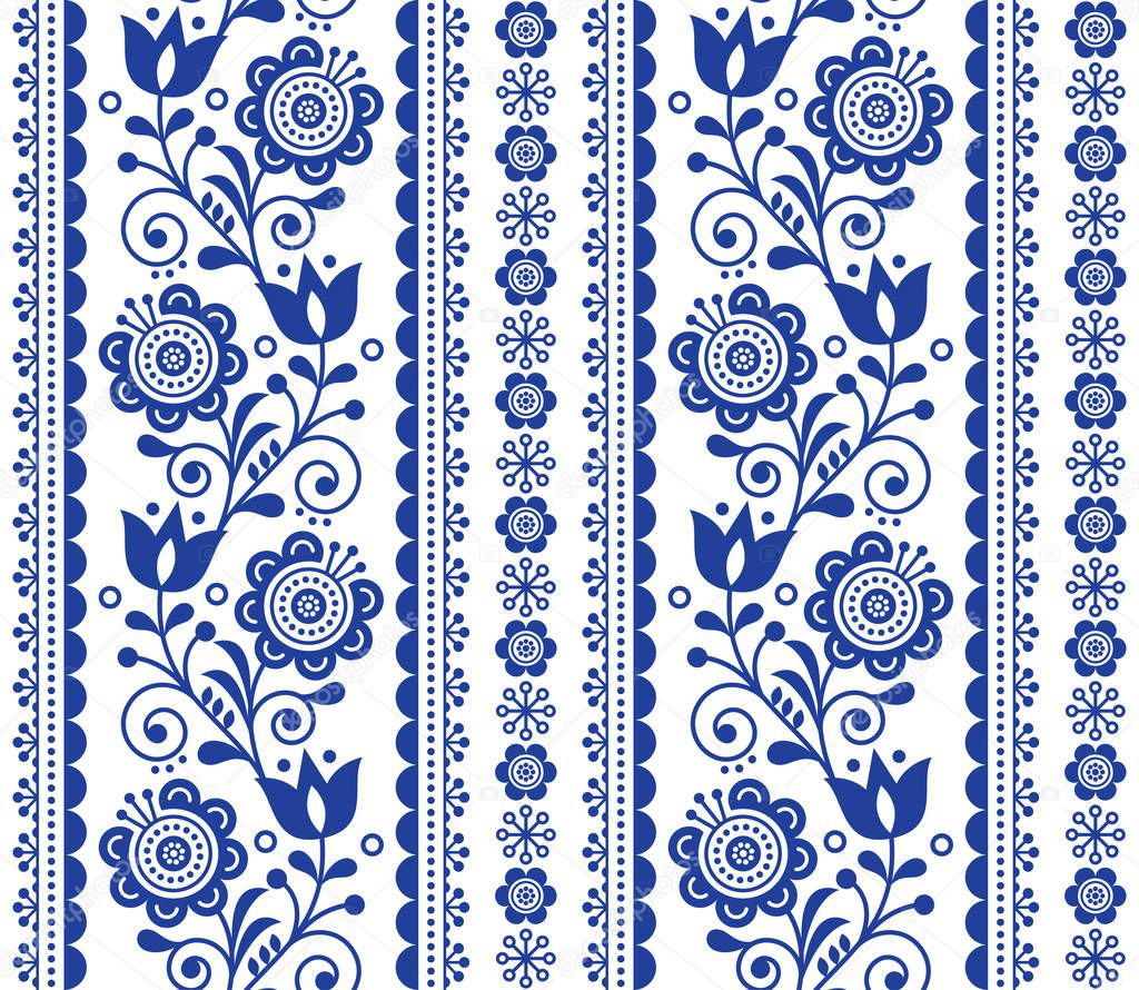 Scandinavian seamless vector pattern with flowers, Nordic folk art repetitive navy blue ornament 