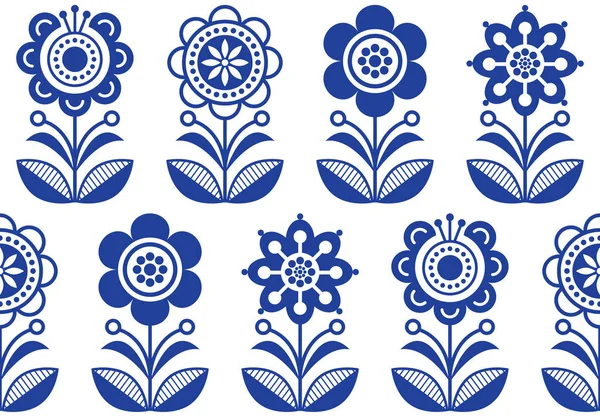 民间艺术花卉 无缝矢量花卉图案 斯堪的纳维亚海军蓝色重复设计 北欧装饰品 — 图库矢量图片