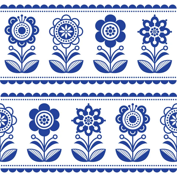 斯堪的纳维亚无缝民俗艺术矢量图案带花和心 北欧饰品设计 长条纹 — 图库矢量图片