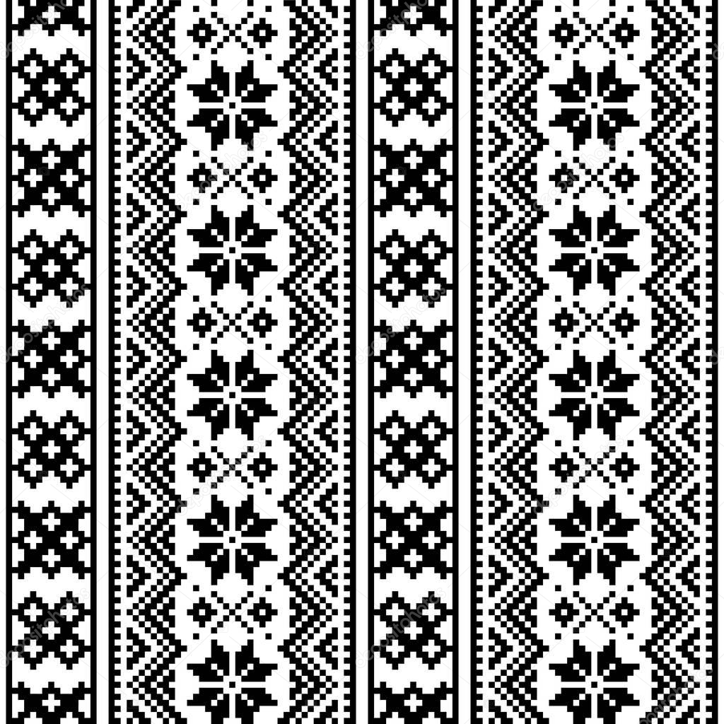 Lapland seamless vector pattern, Scandianvian folk art design, Sami cross stitch monochrome background. Traditional winter pattern from Norway, Sweden, Finland, and the Murmansk Oblast of Russia in black and white