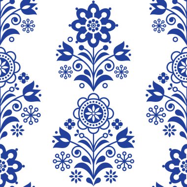 İskandinav sorunsuz Halk sanat vektör desen, çiçek lacivert tekrarlayan tasarım, Nordic süs çiçekleri ile. Retro tarzı dekorasyon, SCANDI sonsuz arka plan tekstil tasarımı, tebrik kartları, duvar kağıdı için mükemmel