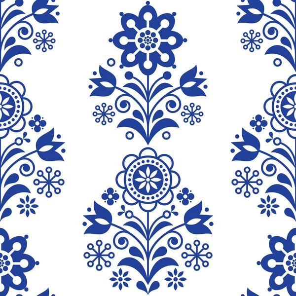 Scandinavian Seamless Folk Art Vector Pattern Floral Navy Blue Repetitive — Stock Vector