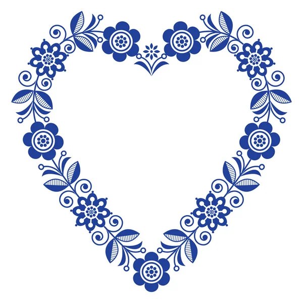 民间心媒设计 斯堪的纳维亚花卉装饰心形 传统设计与鲜花在海军蓝生日或婚宴贺卡 复古花卉背景由瑞典和挪威传统刺绣 爱概念启发 — 图库矢量图片
