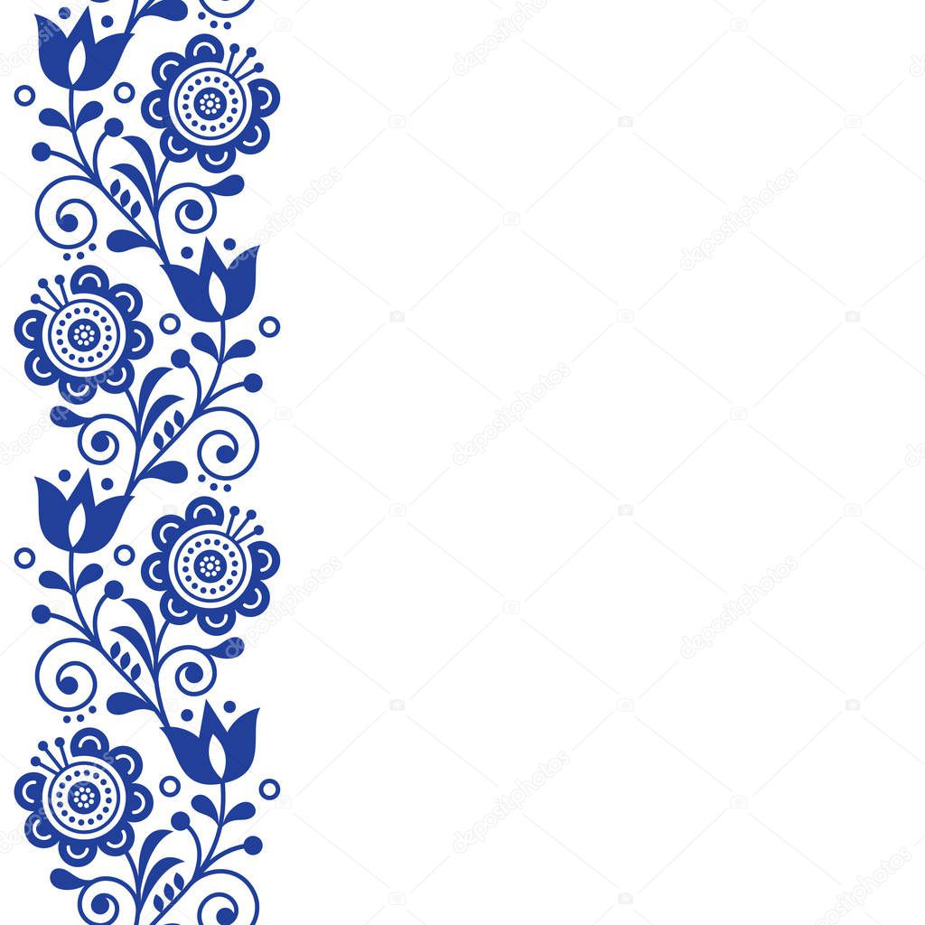 Scandinavian greeting card design, folk art retro vector design, ornament with flowers in navy blue - vertical stripe or border