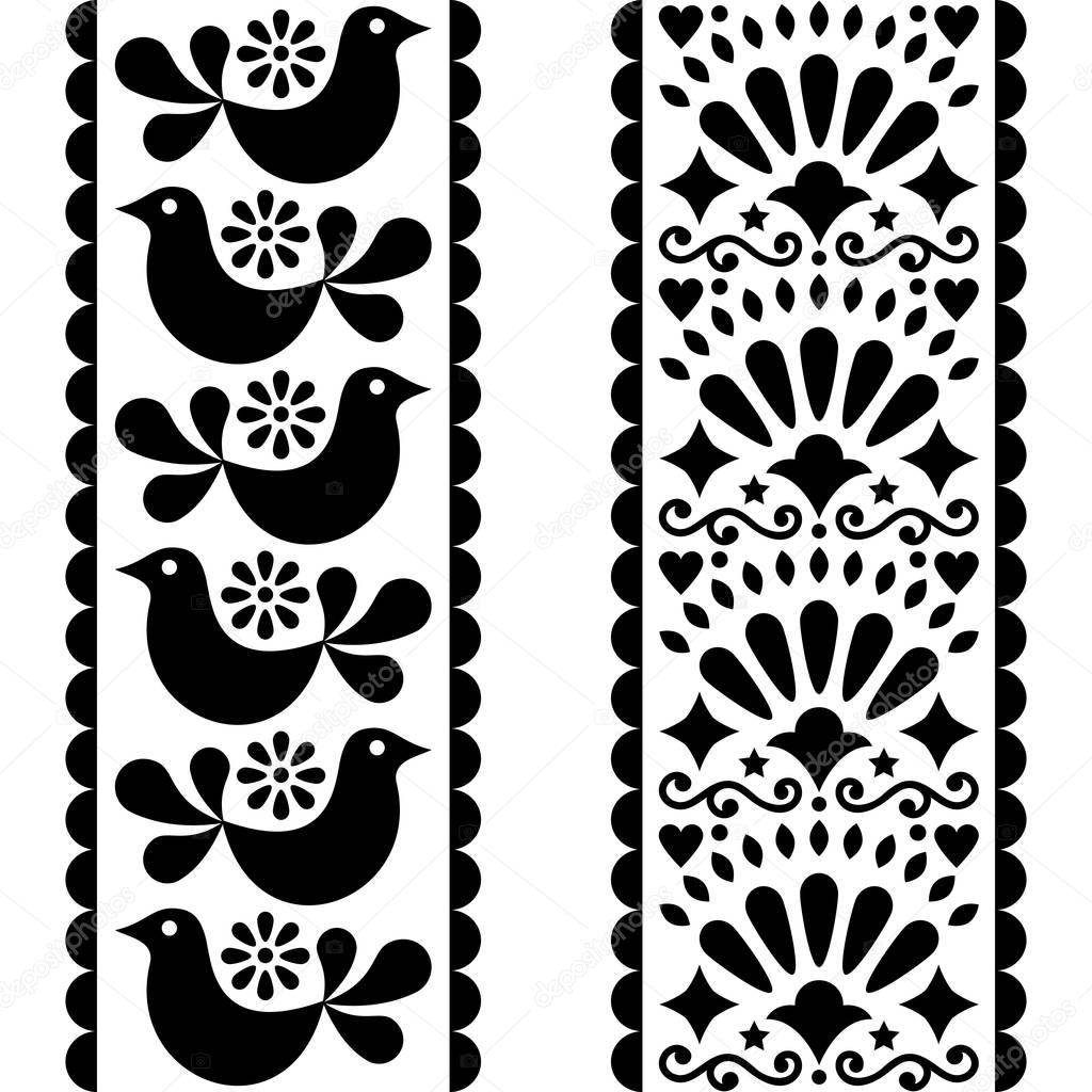 Folk art seamless pattern - Mexican style long stripes design with birds and flowers in black and white