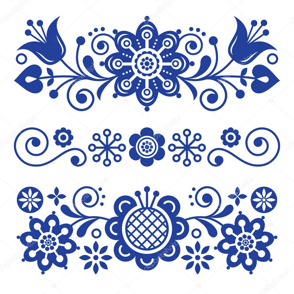 Floral folk art greeting card, design elements, Scandinavian style decor with flowers and leaves, retro navy blue floral compositions. Traditional Nordic patterns, spring ornament isolated on white