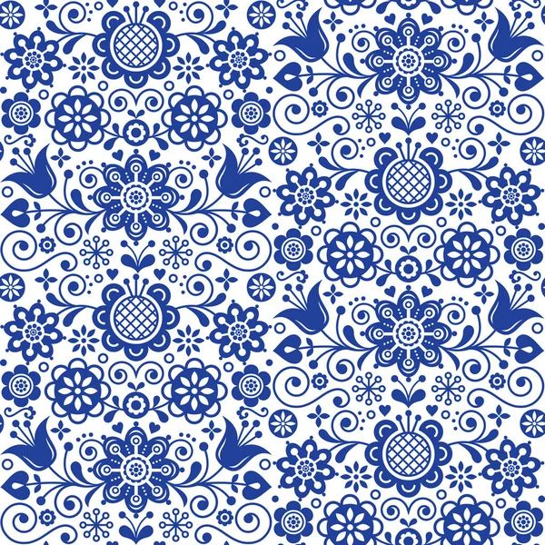 Patrón Vector Arte Popular Sin Costura Floral Diseño Repetitivo Azul — Vector de stock