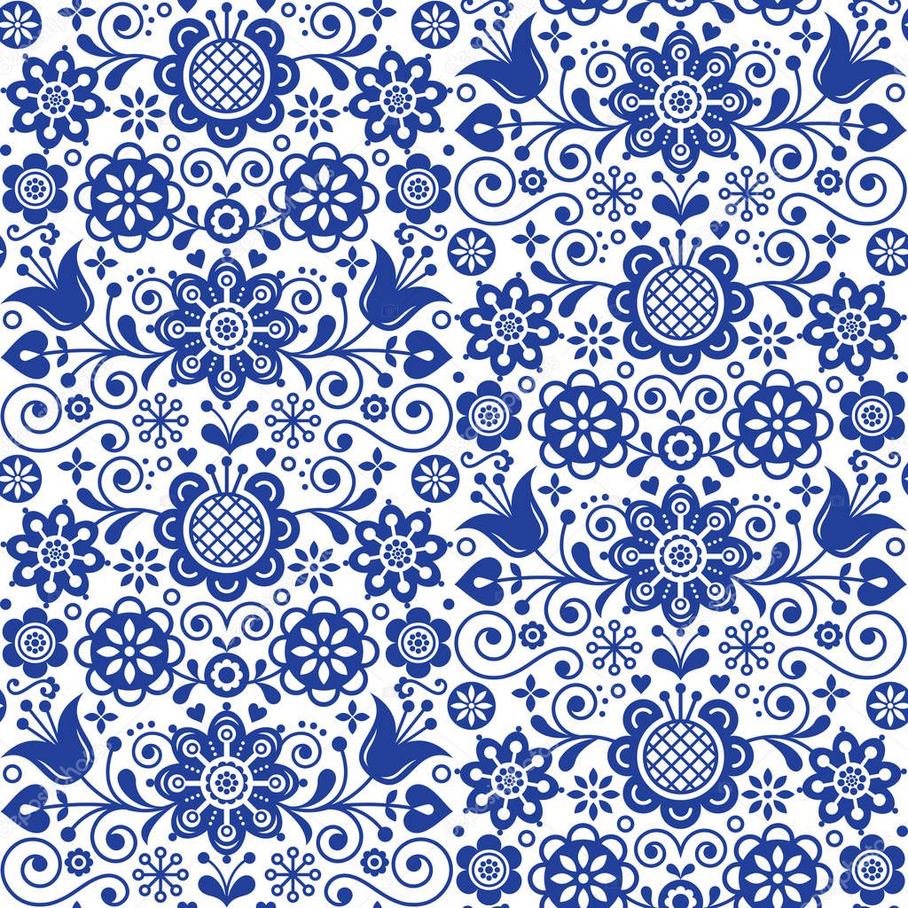 Floral seamless folk art vector pattern, Scandinavian navy blue repetitive design, Nordic ornament with flowers