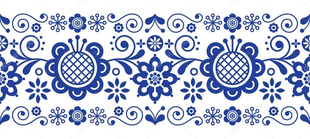 Scandinavian folk art retro vector long pattern, floral ornament in navy blue - seamless stripe stripe