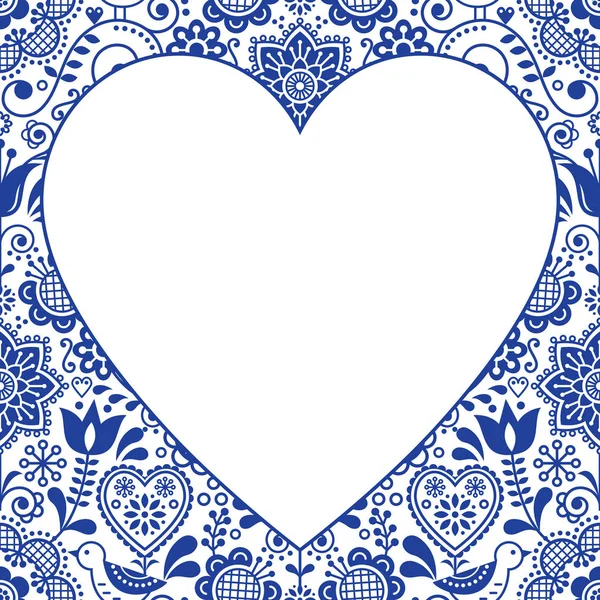 Carte Vœux Design Coeur Folklorique Motif Vectoriel Floral Scandinave Bleu — Image vectorielle