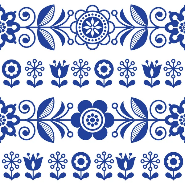 Volkskunst Nahtloses Vektormuster Mit Blumen Marineblaues Florales Repetitives Design Skandinavischer — Stockvektor