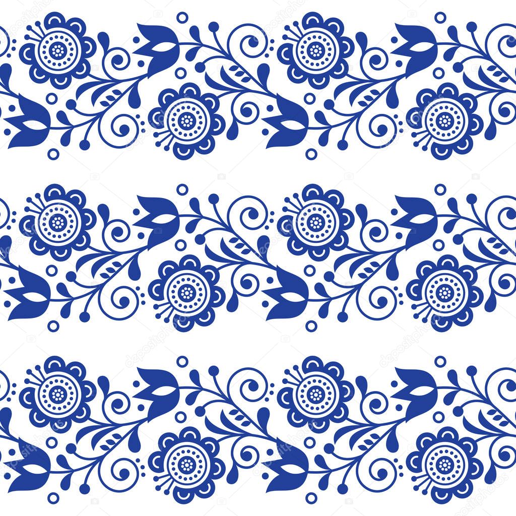 Scandinavian seamless vector pattern with flowers, Nordic folk art repetitive navy blue ornament - long stripes.Retro floral background inspired by Swedish and Norwegian traditional embroidery 