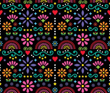 Meksika Halk sanat sorunsuz vektör desen, Meksika'dan geleneksel tasarımları tarafından çiçek duvar kağıdı ilham ile renkli tasarım