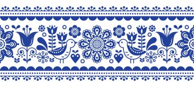 İskandinav sorunsuz vektör desen çiçekler ve kuşlar, Nordic folk art tekrarlayan lacivert süsleme 