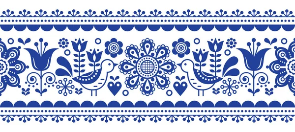 Patrón Vectorial Inconsútil Escandinavo Con Flores Pájaros Ornamento Azul Marino — Archivo Imágenes Vectoriales