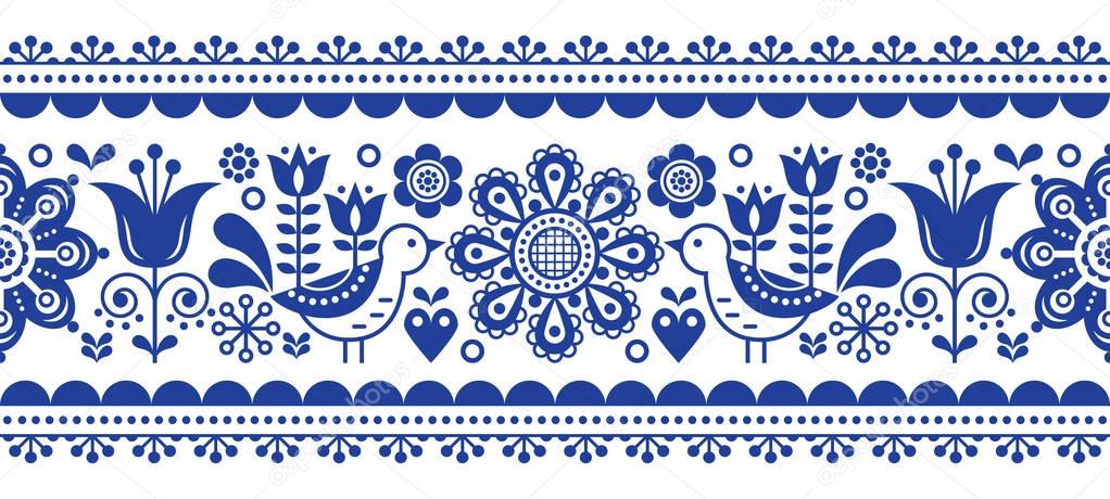 Scandinavian seamless vector pattern with flowers and birds, Nordic folk art repetitive navy blue ornament 