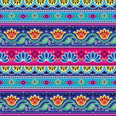 Pakistanlı kamyon sanat vektör seamless modeli, Hint kamyon lotus çiçeği, yaprağı ve soyut şekiller ile çiçek tasarım. Çiçekler ve swirls ile geleneksel kamyon ve çekçek boyalı süslemeler renkli yinelenen arka plan esinlenerek.