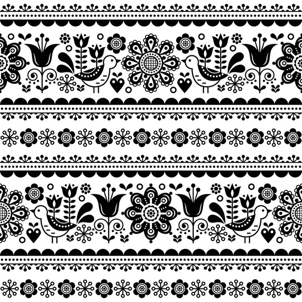 花や鳥 北欧の民芸反復的な黒と白の髪飾りとスカンジナビアのシームレスなベクトル パターン レトロ花モノクロ背景のスウェーデンとノルウェーの伝統刺繍に触発さ — ストックベクタ