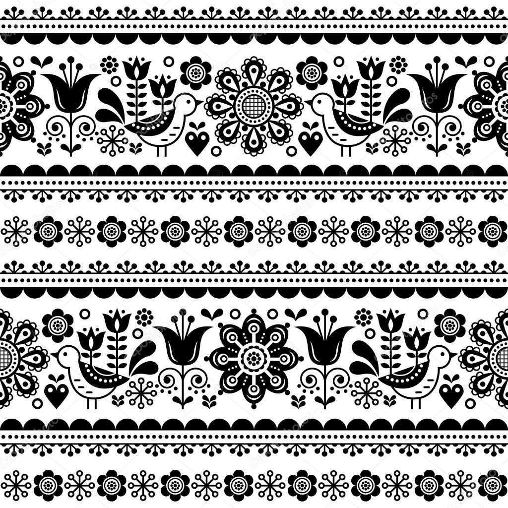 Scandinavian seamless vector pattern with flowers and birds, Nordic folk art repetitive black and white ornament. Retro floral monochrome background inspired by Swedish and Norwegian traditional embroidery   