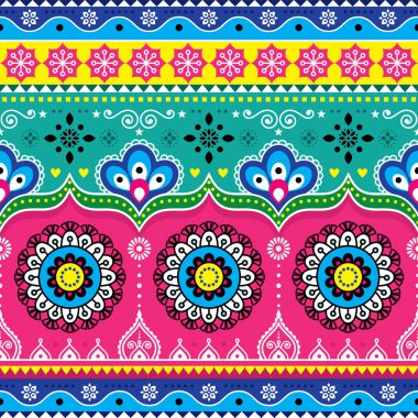 Kamyon sanat tasarım, Hintli ve Pakistanlı Jingle kamyon Dikişsiz desen, renkli çiçek tekrarlayan dekorasyon vektör 