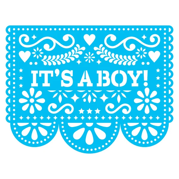 Boy Papel Picado Vector Design Mexicaanse Volkskunst Baby Geboorte Wenskaart — Stockvector