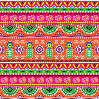 Vector floral seamless folk art pattern - Indian truck art floral, Pakistani Jingle trucks vector design,  vivid ornament with lotus flowers and abstract shapes clipart