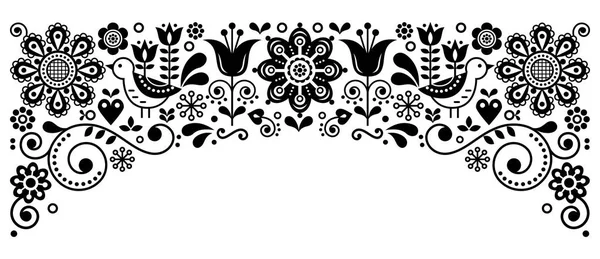 スカンジナビアの民俗芸術フレーム境界線レトロ ベクトル グリーティング カードのデザイン バーズと花と花の黒と白の飾り — ストックベクタ