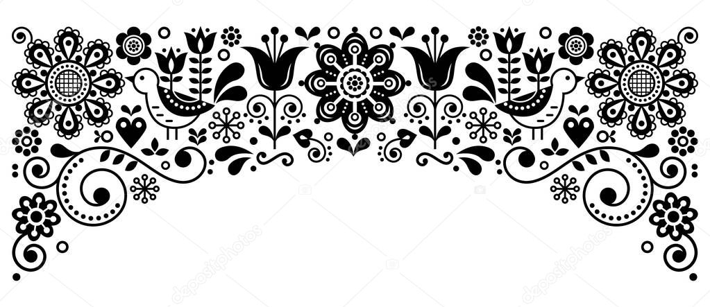 Scandinavian folk art frame border retro vector greeting card design, floral black and white ornament with birs and flowers