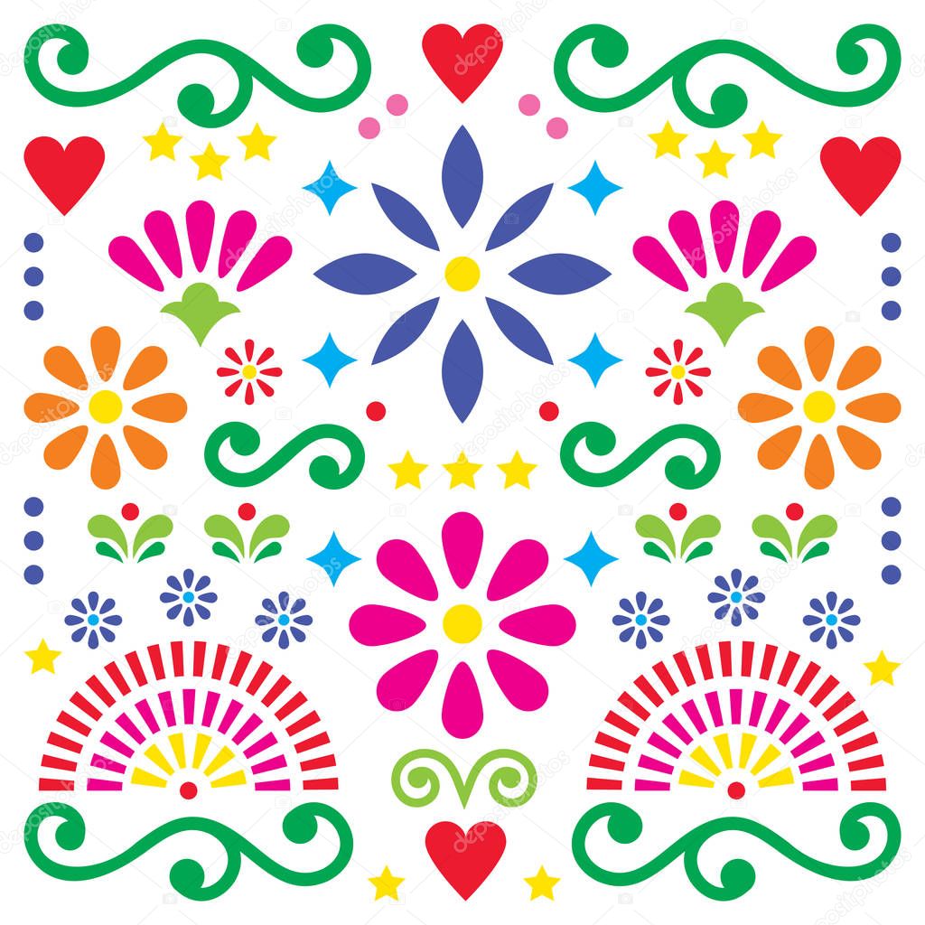 Mexican folk art vector pattern, colorful design with flowers greeting card inspired by traditional designs from Mexico