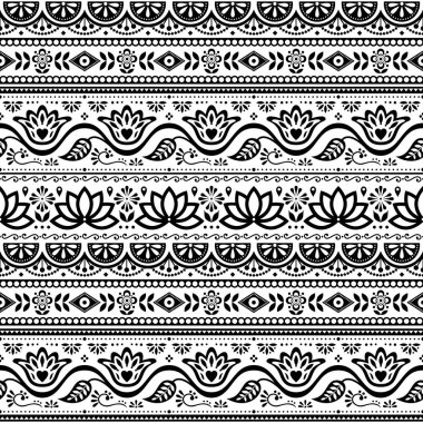 Pakistanlı kamyon sanat vektör seamless modeli, Hint kamyon lotus çiçeği, yaprağı ve soyut şekiller ile çiçek siyah ve beyaz tasarım  