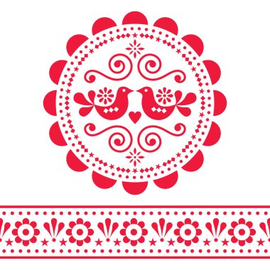 İskandinav halk vektör dizaynı seti - yuvarlak ve pürüzsüz tasarım, beyaz arka planda kırmızı kuşlu sevimli çiçek süsü