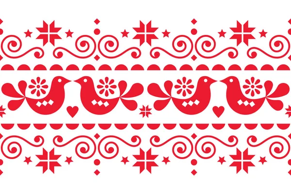 Skandinávský Vánoční Lidový Umělecký Vektor Hladký Vzor Květinami Ptáky Sněhové — Stockový vektor
